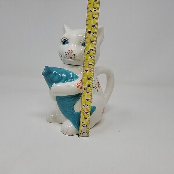 Lucky Cat Mini Teapot w/ Koi Fish Ceramic Kitten Crackle Barrel Exclusive 11oz - Picture 7 of 13